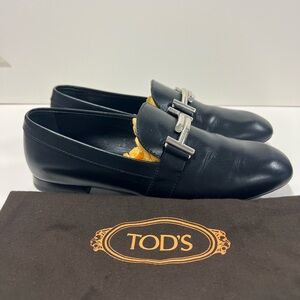 Tod's Black Leather Loafers with Silver Buckle